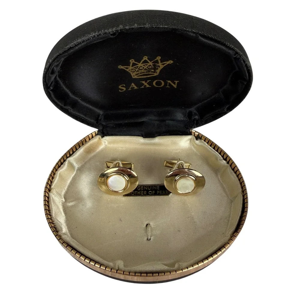 Saxon Vintage Mens Gold Tone Genuine Mother of Pearl Oval Cufflinks with Box